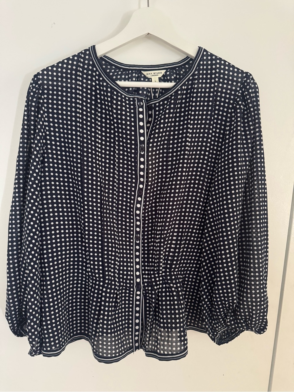 Max Studio Navy and White Polka Dot Button-Up Blouse